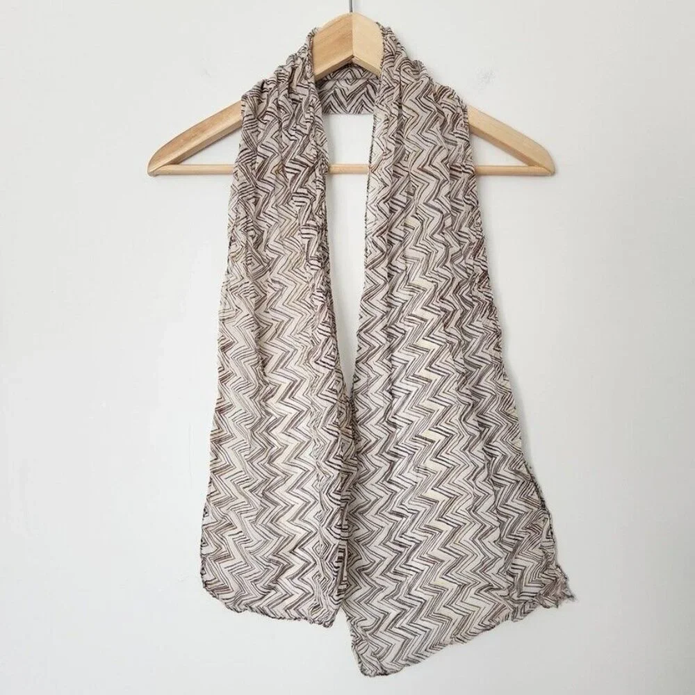 Y2K Skinny Scarf Zig Zag Print Lightweight India Brown Yellow Neutral Preppy Vtg